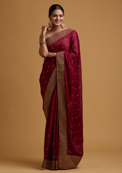 Wine Zariwork Semi Crepe Designer Saree-Koskii