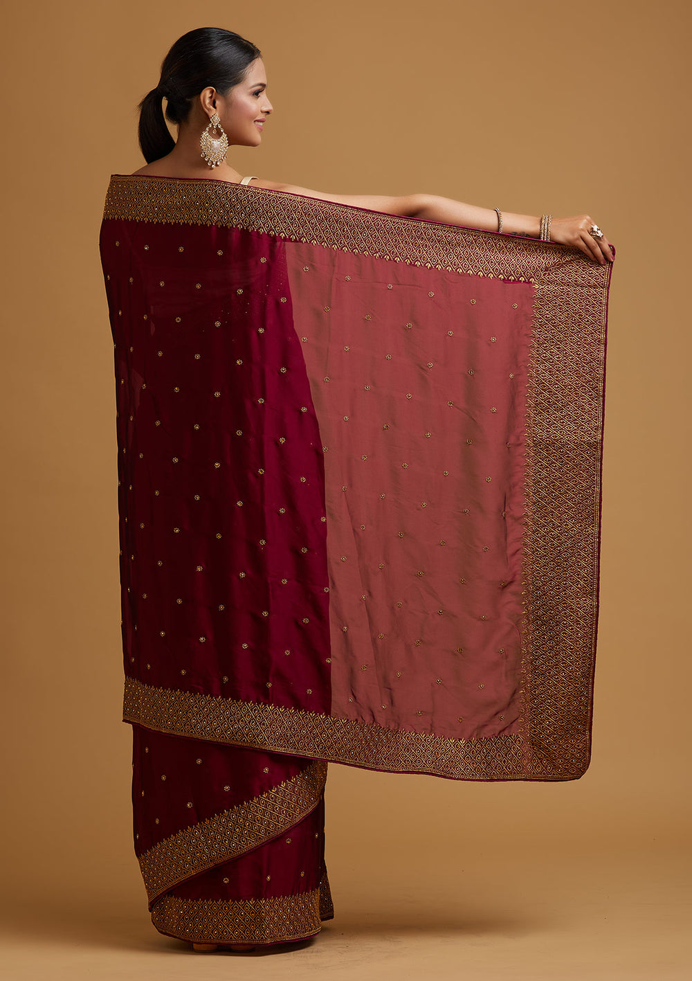 Wine Zariwork Semi Crepe Designer Saree-Koskii