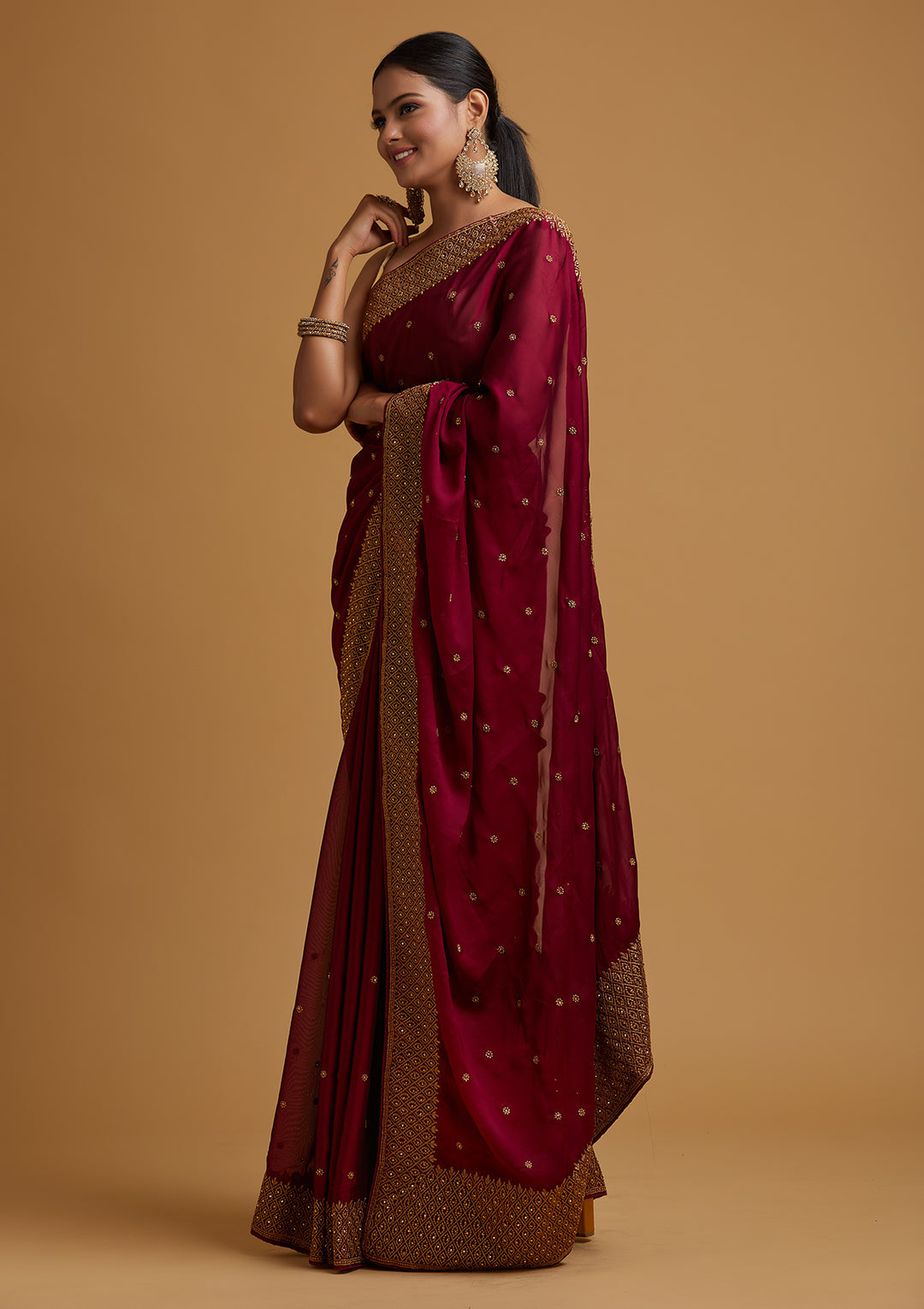 Wine Zariwork Semi Crepe Designer Saree-Koskii