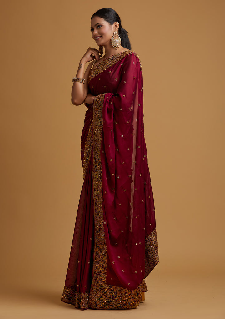 Wine Zariwork Semi Crepe Designer Saree-Koskii