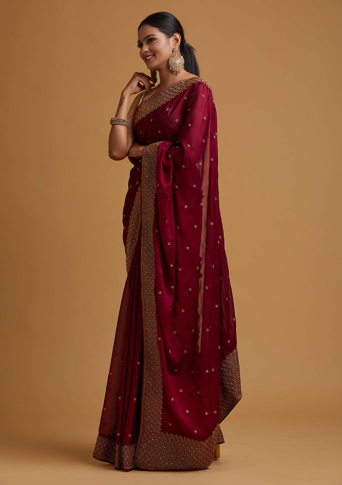 Wine Zariwork Semi Crepe Designer Saree-Koskii