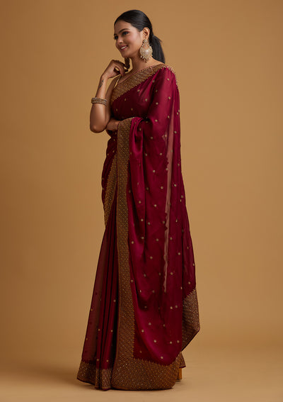 Wine Zariwork Semi Crepe Designer Saree-Koskii