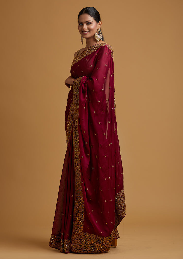 Wine Zariwork Semi Crepe Designer Saree-Koskii