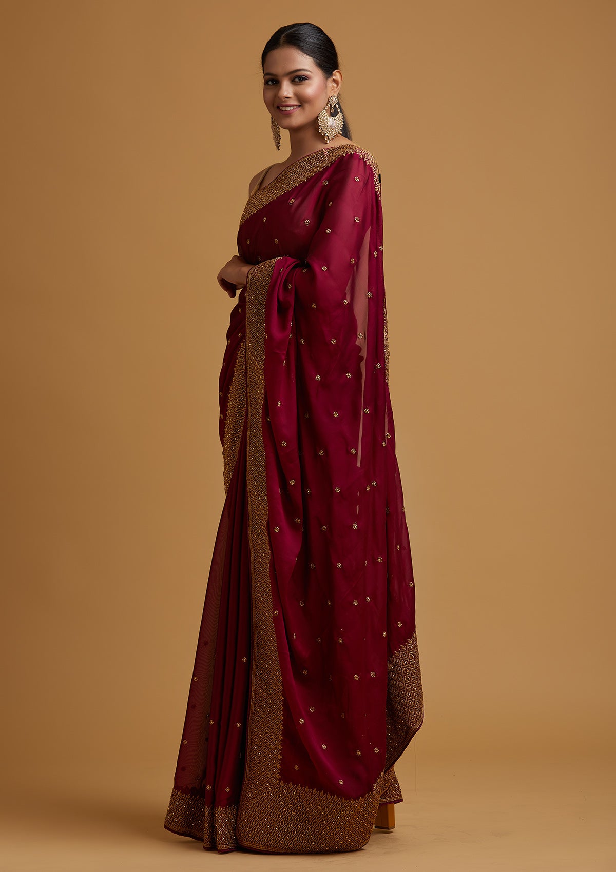 Wine Zariwork Semi Crepe Designer Saree-Koskii