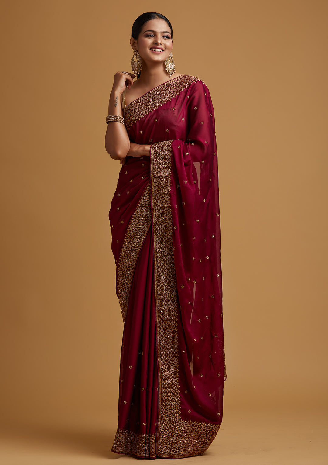 Wine Zariwork Semi Crepe Designer Saree-Koskii