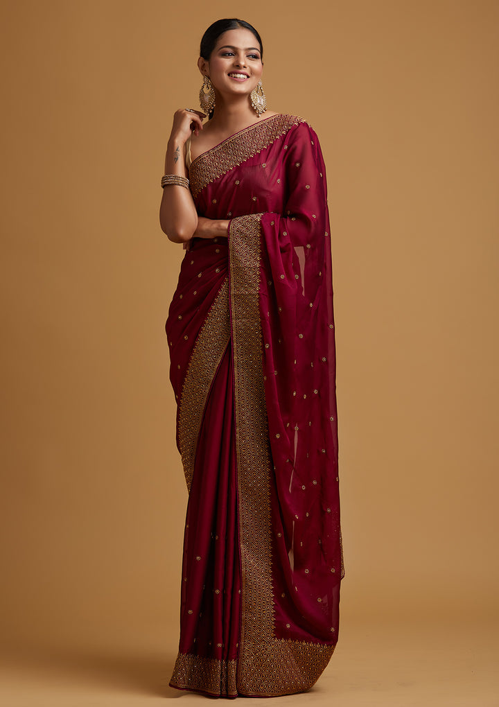 Wine Zariwork Semi Crepe Designer Saree-Koskii