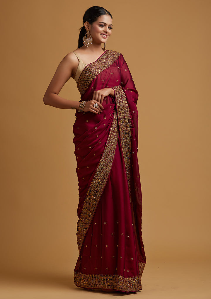 Wine Zariwork Semi Crepe Designer Saree-Koskii