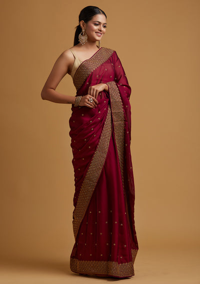 Wine Zariwork Semi Crepe Designer Saree-Koskii