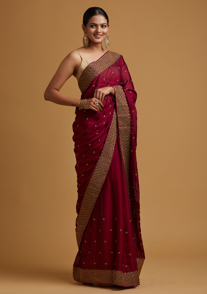 Wine Zariwork Semi Crepe Designer Saree-Koskii