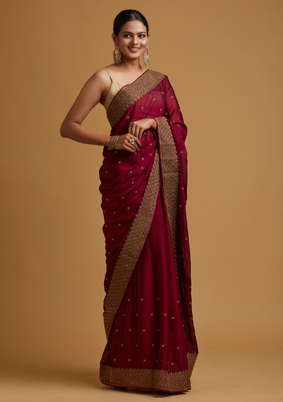 Wine Zariwork Semi Crepe Designer Saree-Koskii