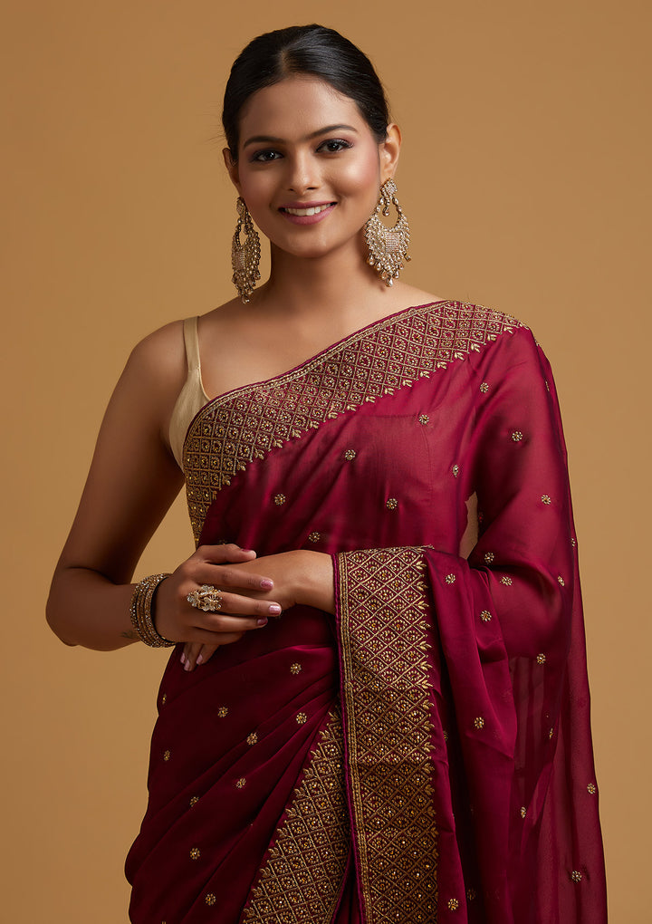 Wine Zariwork Semi Crepe Designer Saree-Koskii