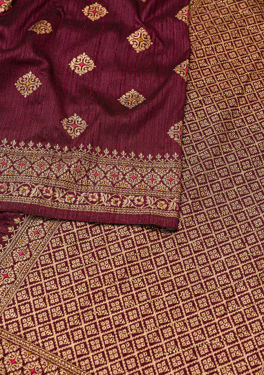 Wine Zari Work Raw Silk Saree-Koskii