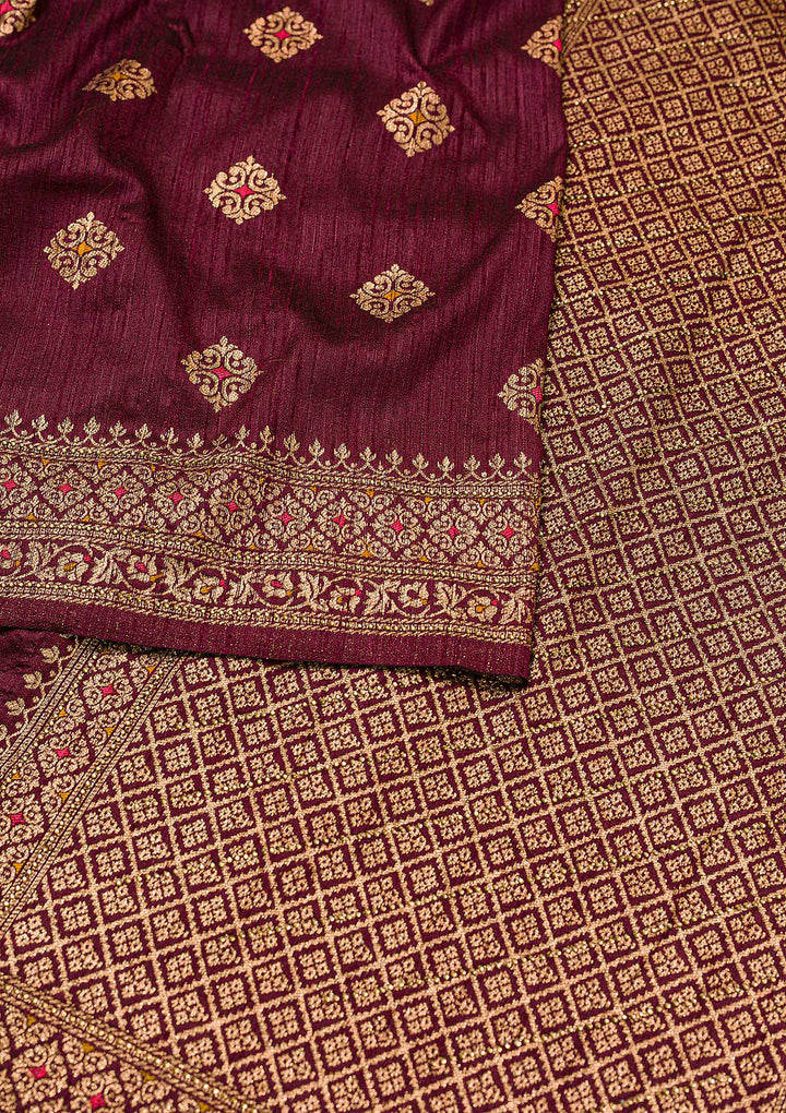 Wine Zari Work Raw Silk Saree-Koskii