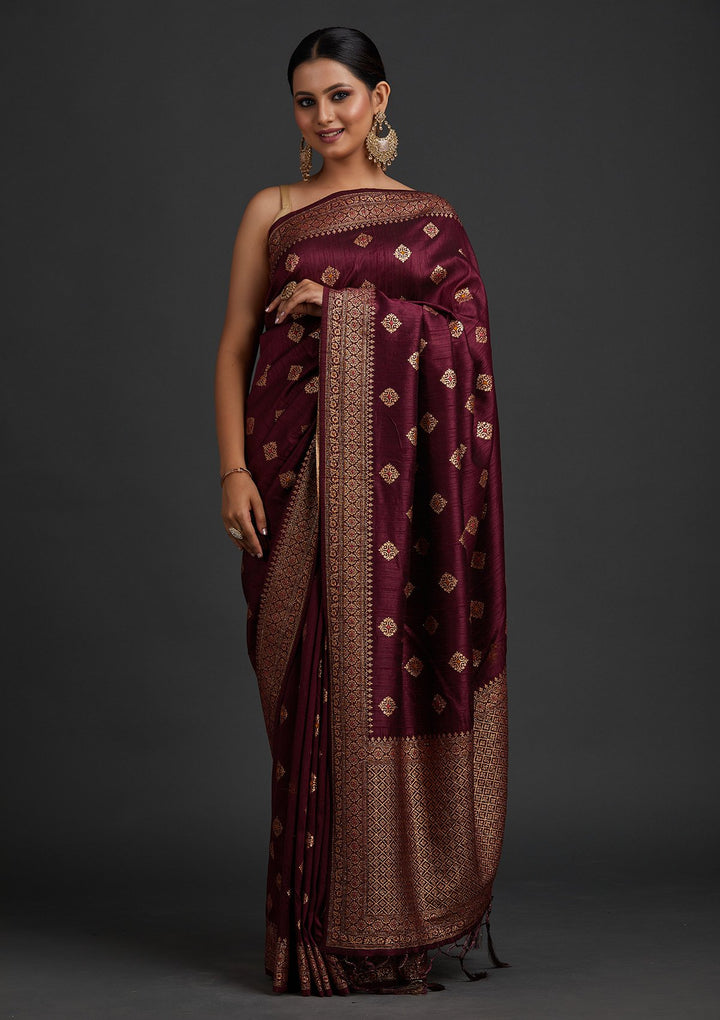 Wine Zariwork Raw Silk Designer Saree - koskii