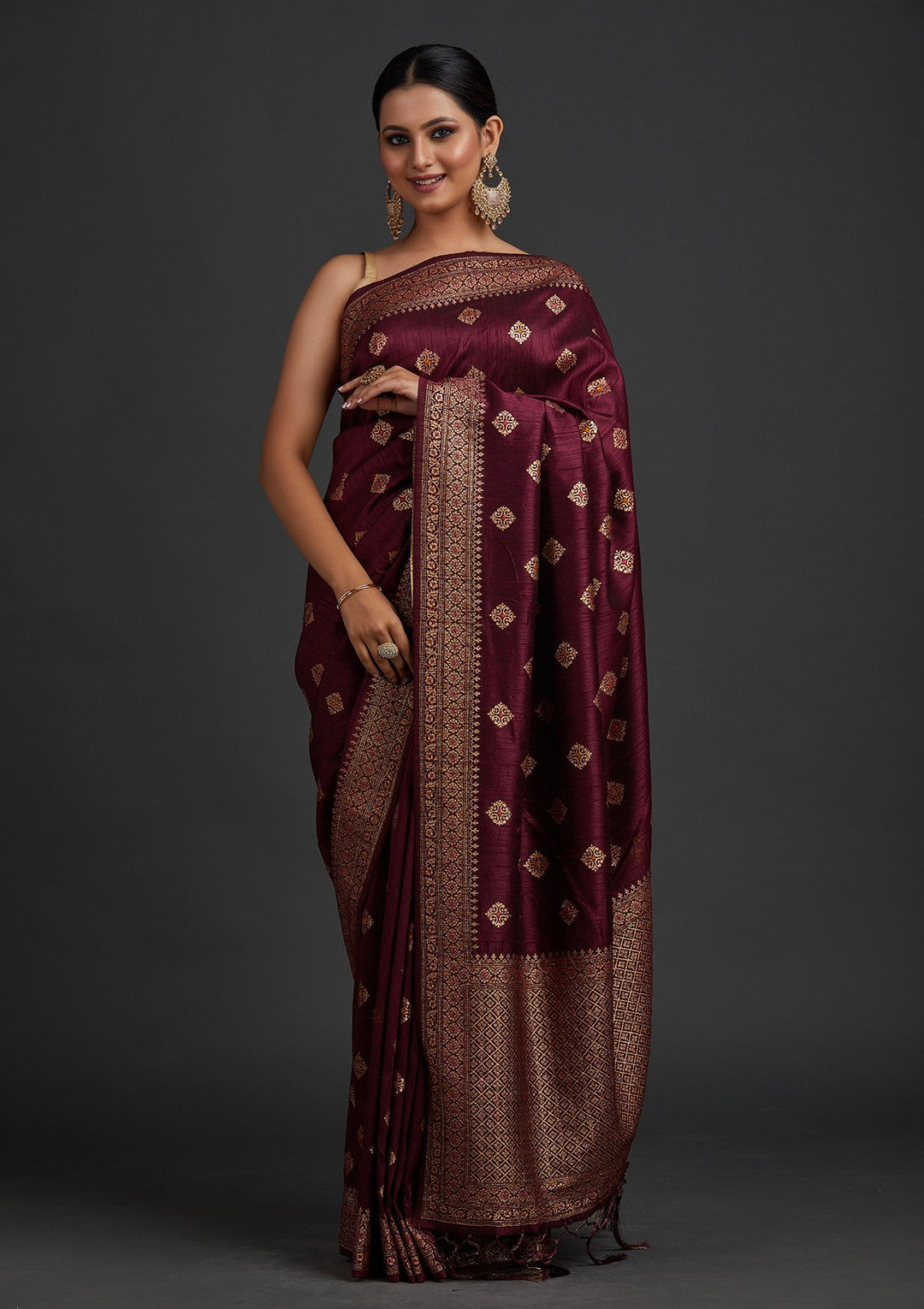 Wine Zariwork Raw Silk Designer Saree - koskii