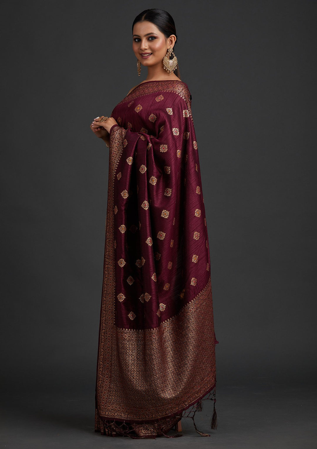 Wine Zariwork Raw Silk Designer Saree - koskii