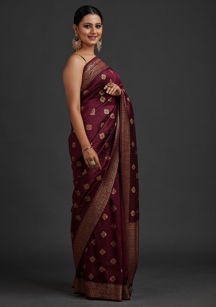 Wine Zariwork Raw Silk Designer Saree - koskii
