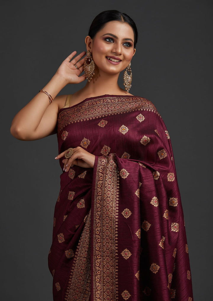 Wine Zariwork Raw Silk Designer Saree - koskii