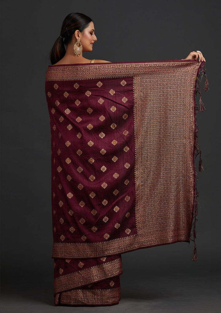 Wine Zariwork Raw Silk Designer Saree - koskii
