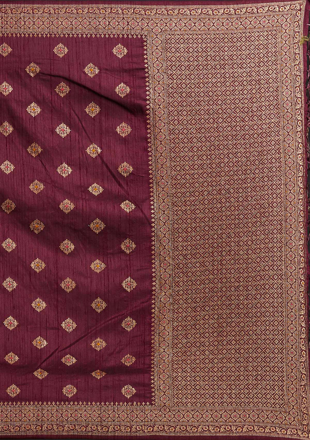 Wine Zariwork Raw Silk Designer Saree - koskii