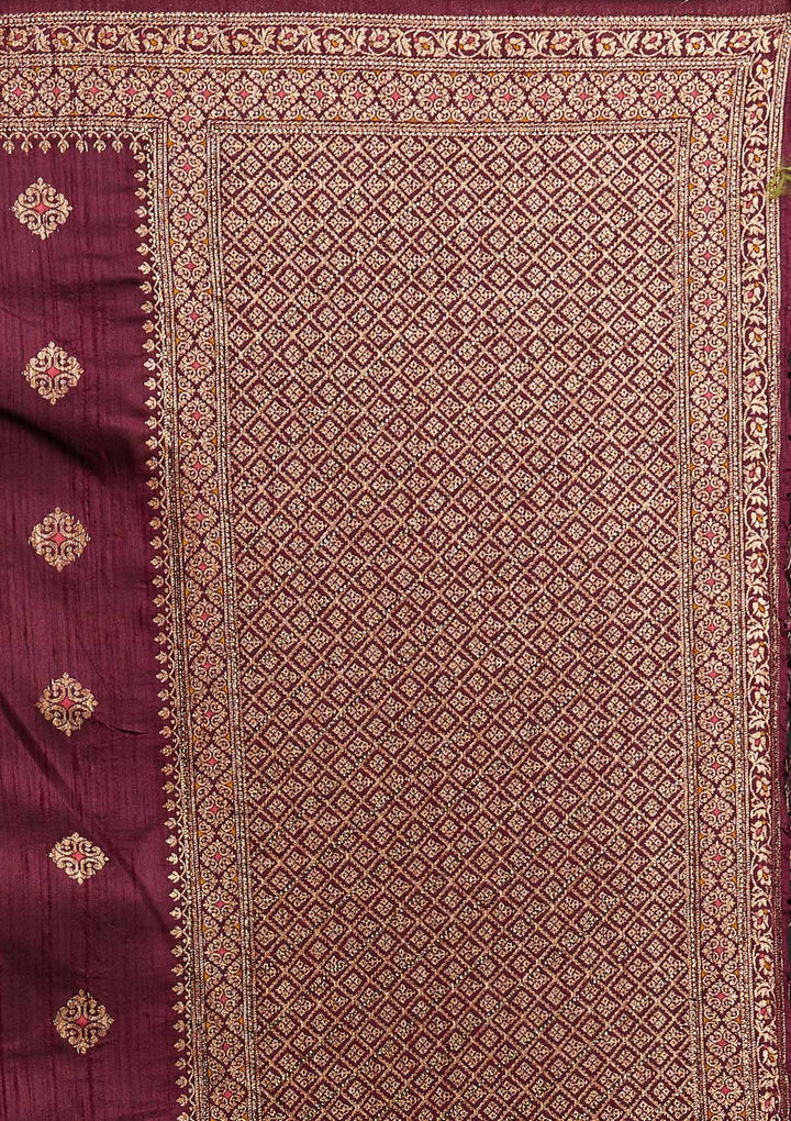 Wine Zariwork Raw Silk Designer Saree - koskii