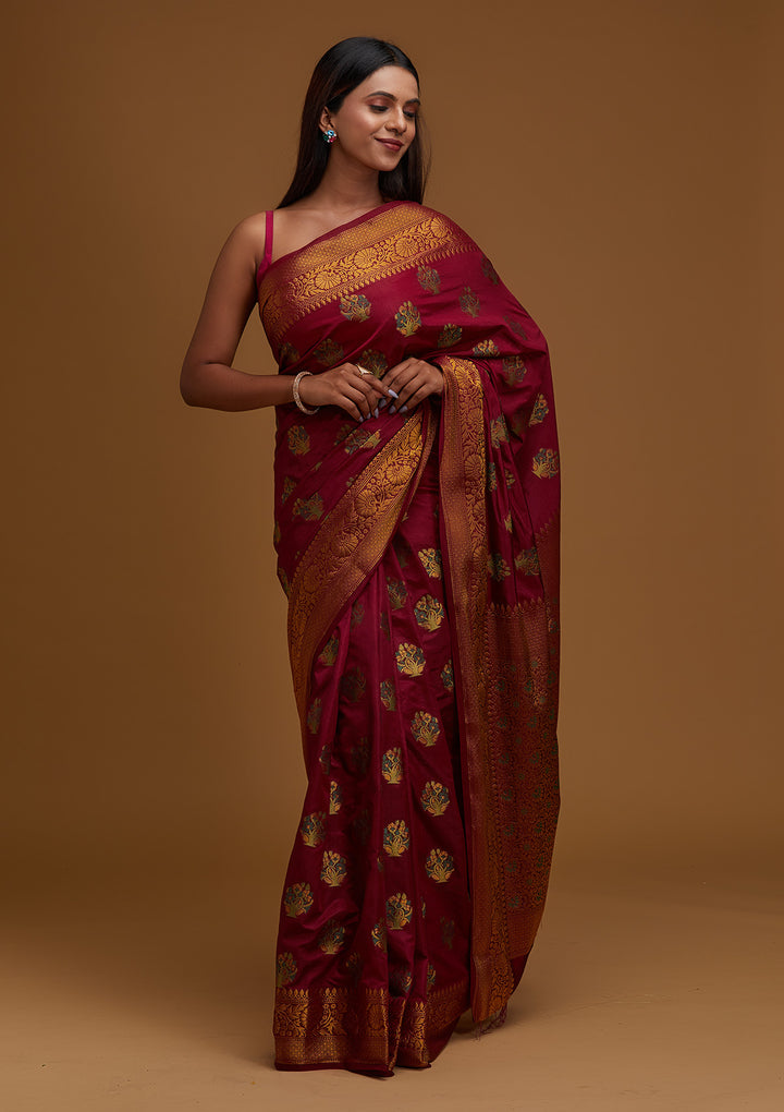 Wine Zariwork Raw Silk Designer Saree - Koskii