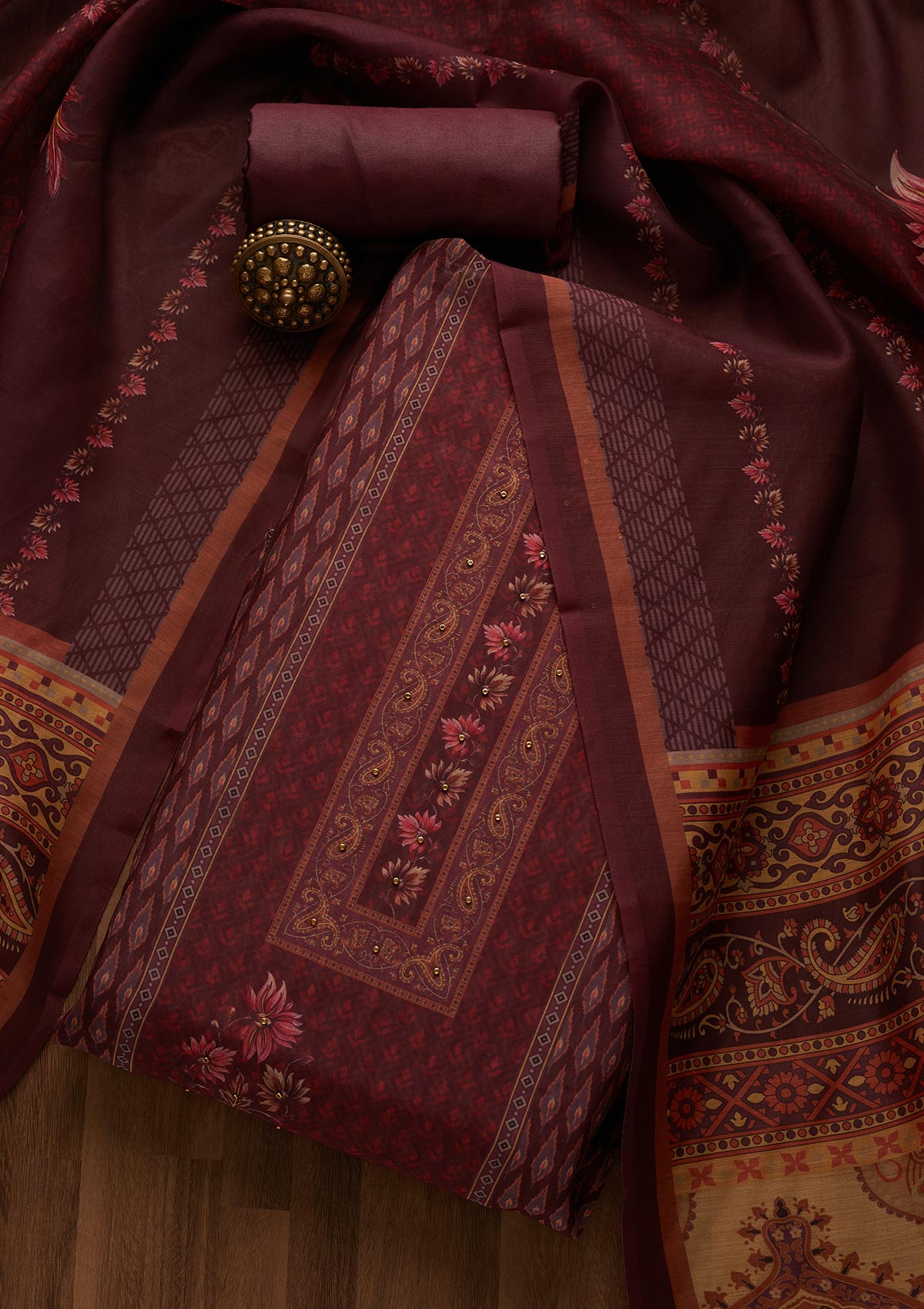 Wine Zariwork Semi Crepe Semi-Stitched Salwar Suit-Koskii