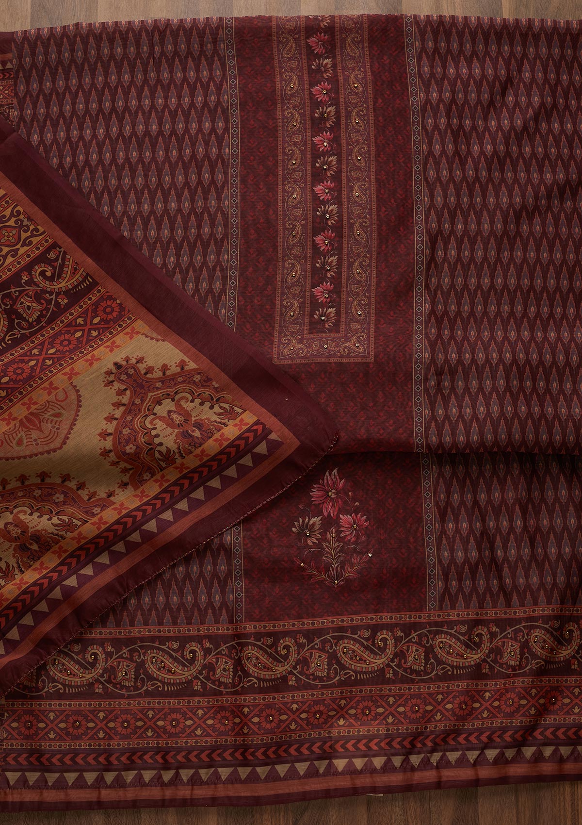 Wine Zariwork Semi Crepe Semi-Stitched Salwar Suit-Koskii