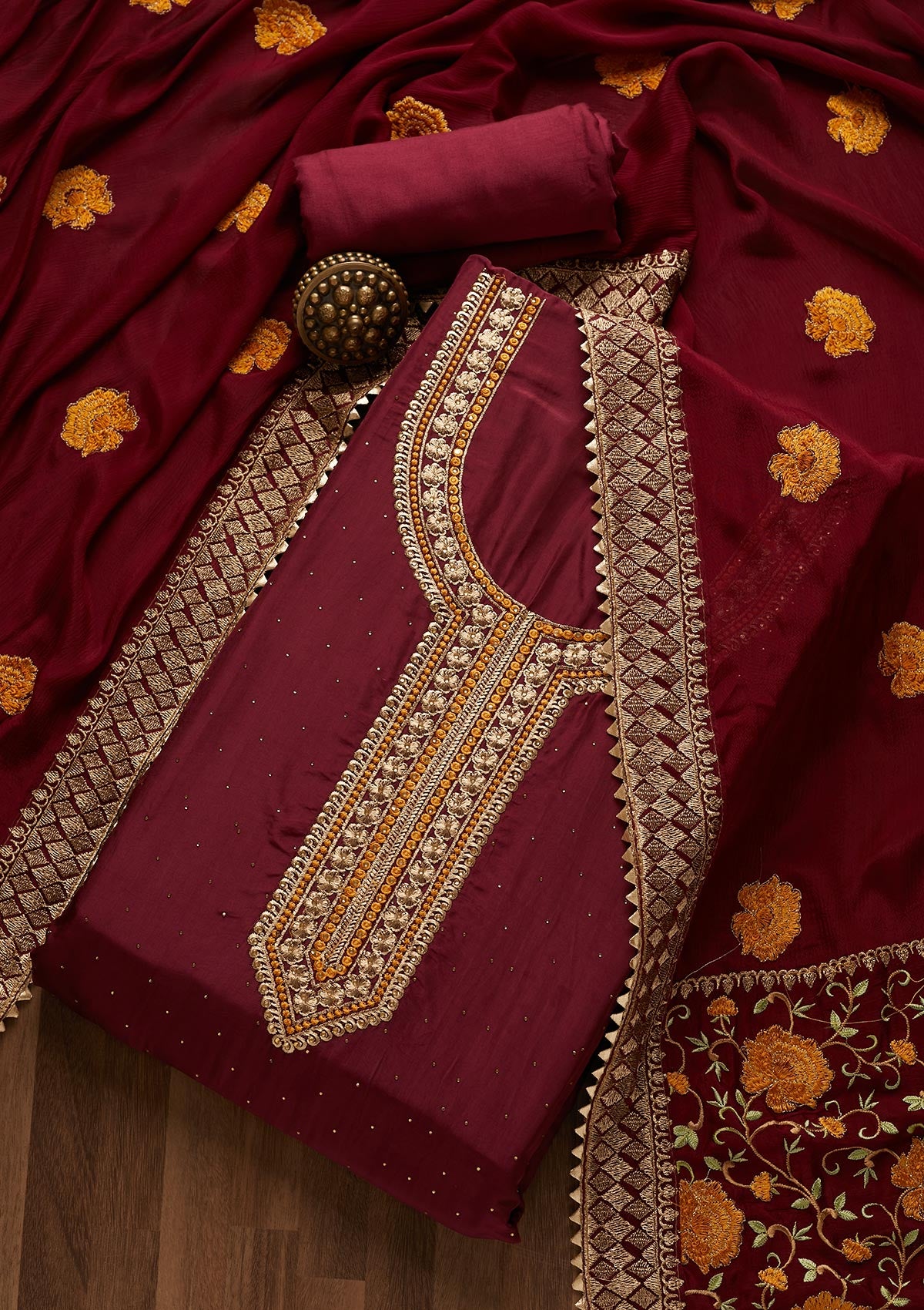 Wine Zariwork Semi Crepe Unstitched Salwar Suit- Koskii
