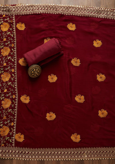 Wine Zariwork Semi Crepe Unstitched Salwar Suit - Koskii