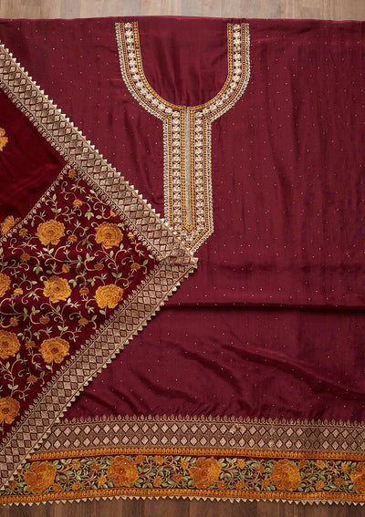 Wine Zariwork Semi Crepe Unstitched Salwar Suit - Koskii