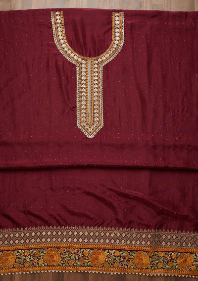 Wine Zariwork Semi Crepe Unstitched Salwar Suit - Koskii