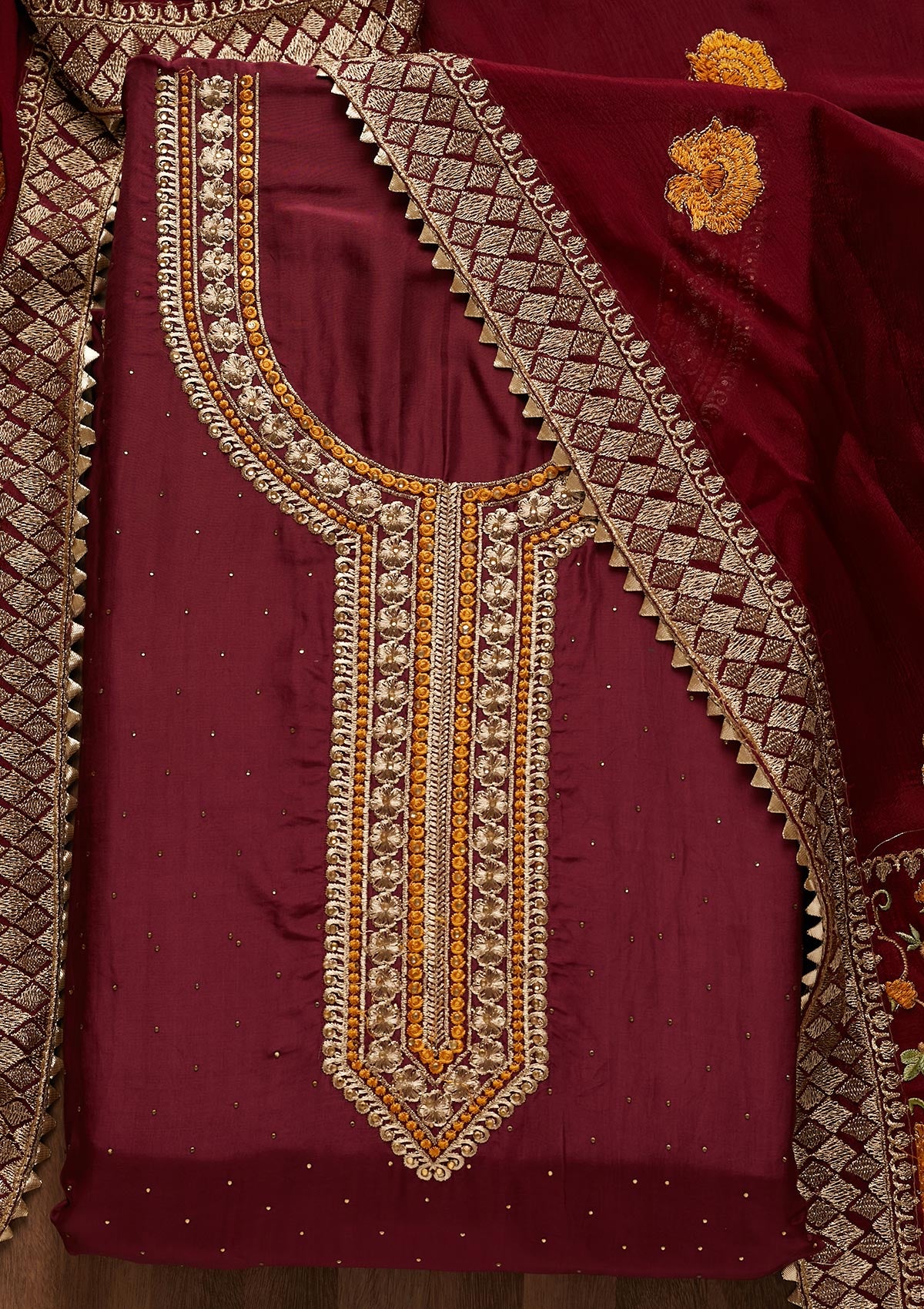 Wine Zariwork Semi Crepe Unstitched Salwar Suit - Koskii