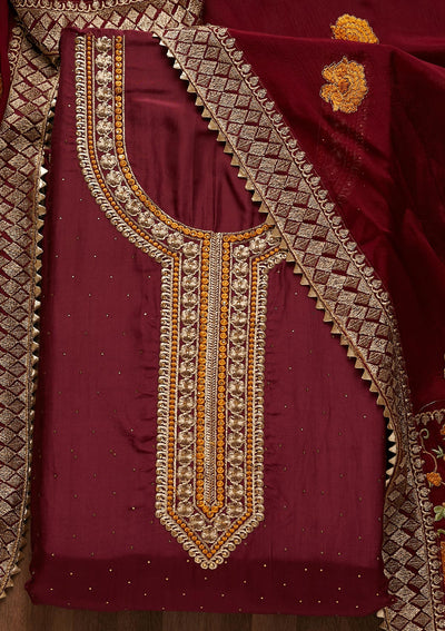 Wine Zariwork Semi Crepe Unstitched Salwar Suit - Koskii