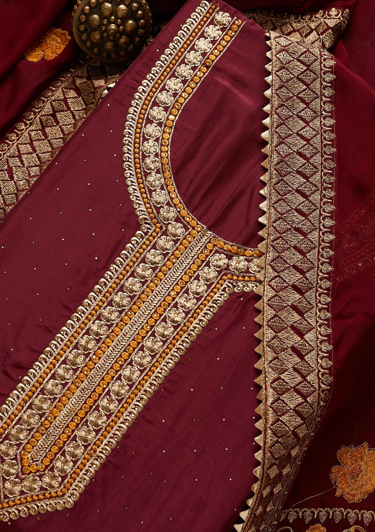 Wine Zariwork Semi Crepe Unstitched Salwar Suit - Koskii