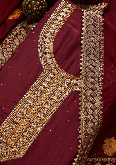 Wine Zariwork Semi Crepe Unstitched Salwar Suit - Koskii