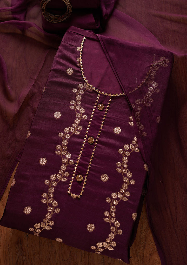Wine Zariwork Semi Crepe Designer Unstitched Salwar Suit - koskii