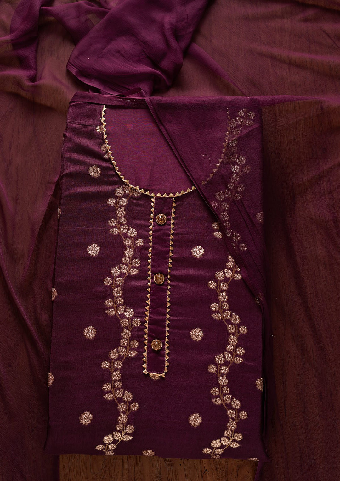 Wine Zariwork Semi Crepe Designer Unstitched Salwar Suit - koskii