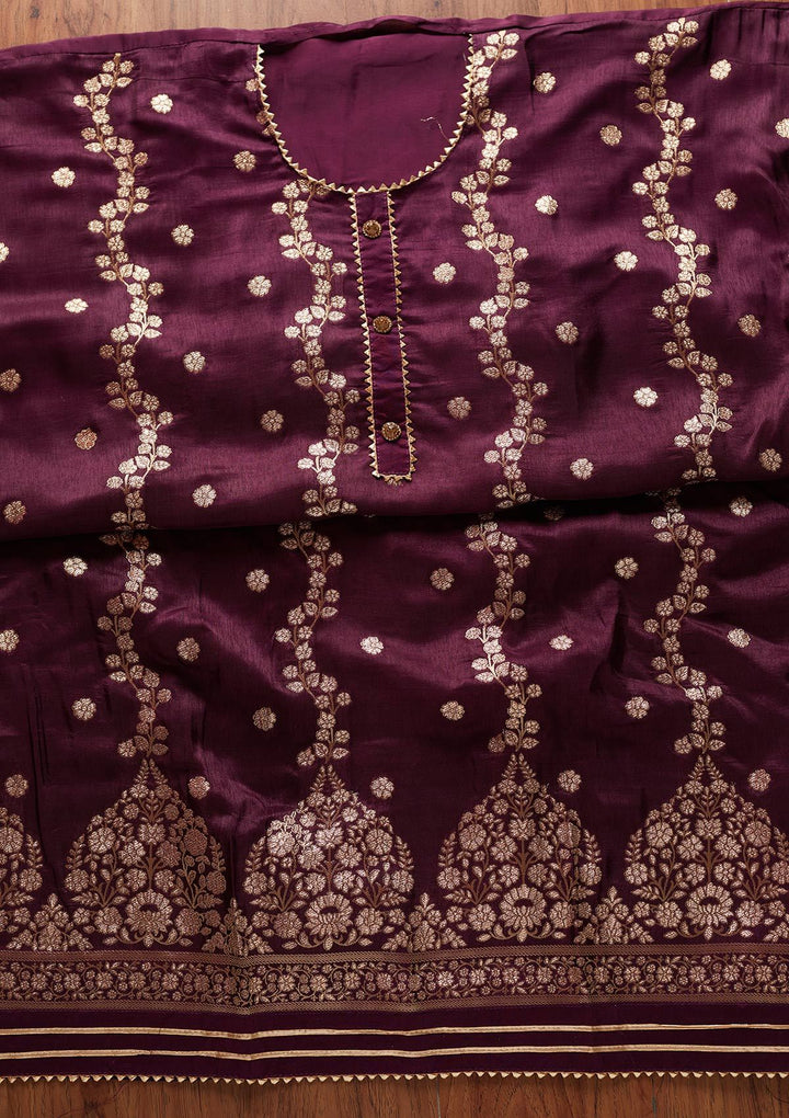 Wine Zariwork Semi Crepe Designer Unstitched Salwar Suit - koskii