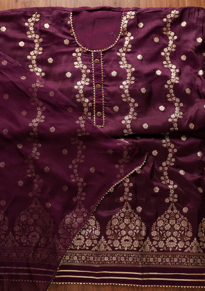 Wine Zariwork Semi Crepe Designer Unstitched Salwar Suit - koskii