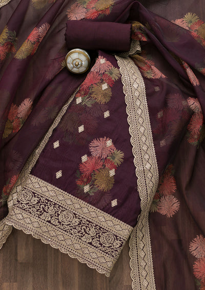 Wine Zariwork Tissue Unstitched Salwar Suit-Koskii