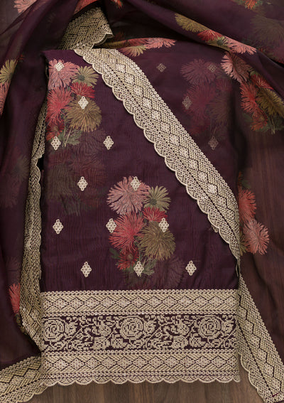 Wine Zariwork Tissue Unstitched Salwar Suit-Koskii