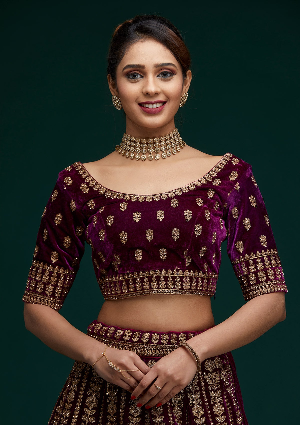 Wine Zariwork Velvet Designer Lehenga - Koskii