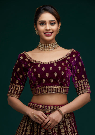 Wine Zariwork Velvet Designer Lehenga - Koskii