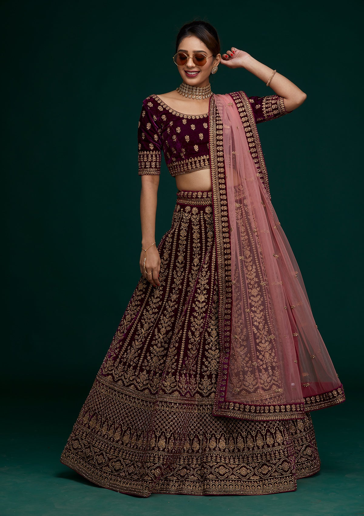 Wine Zariwork Velvet Designer Lehenga- Koskii