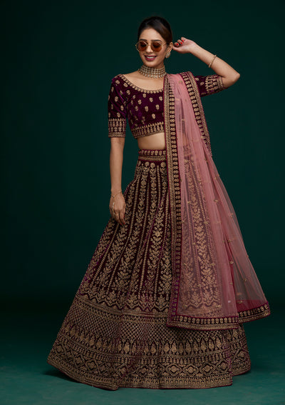 Wine Zariwork Velvet Designer Lehenga- Koskii