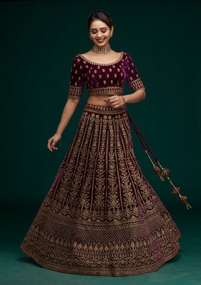 Wine Zariwork Velvet Designer Lehenga - Koskii