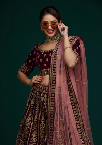 Wine Zariwork Velvet Designer Lehenga - Koskii