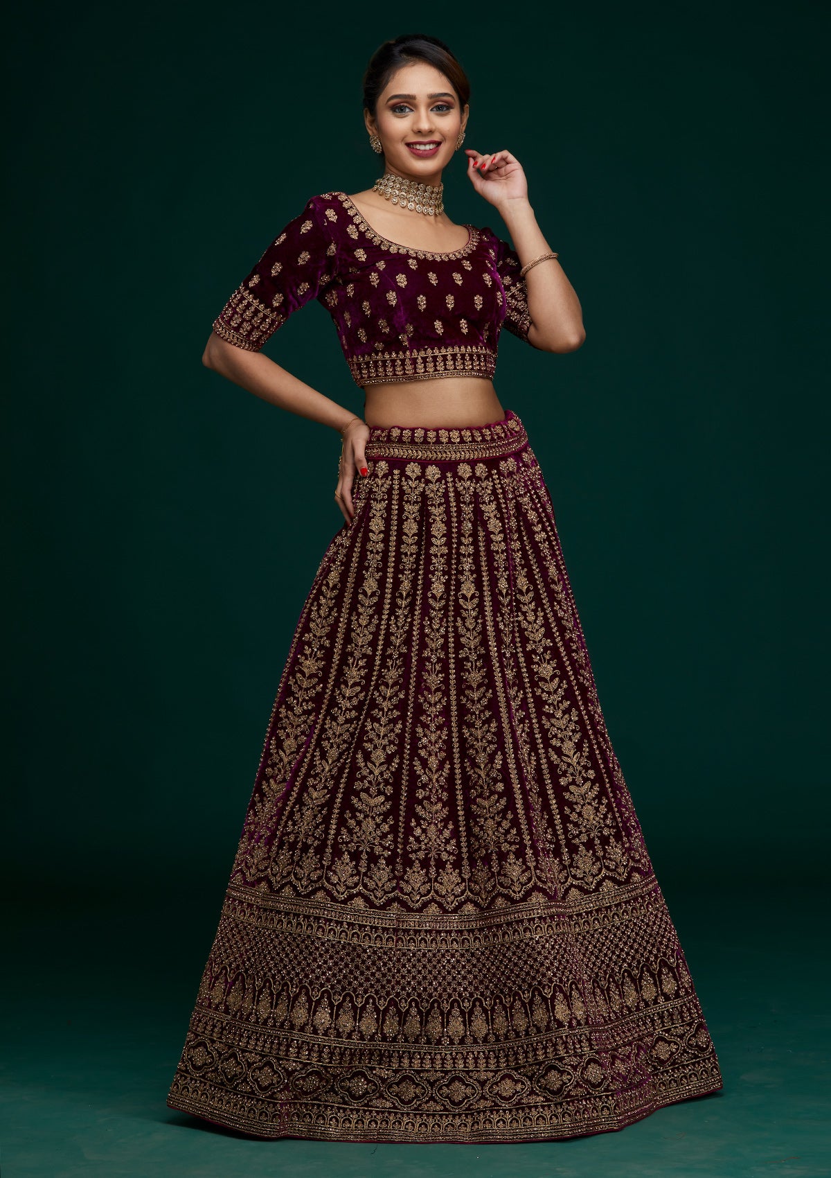 Wine Zariwork Velvet Designer Lehenga - Koskii