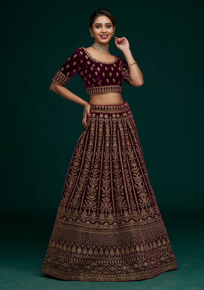 Wine Zariwork Velvet Designer Lehenga - Koskii